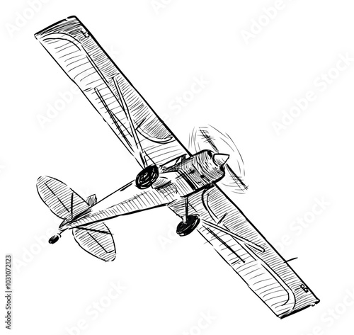 Sketch of retro airplane in flight, hand drawn vector illustration isolated on white