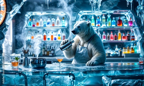 Polar bear cocktail maker, preparing a cocktail in a professional ice cocktail bar