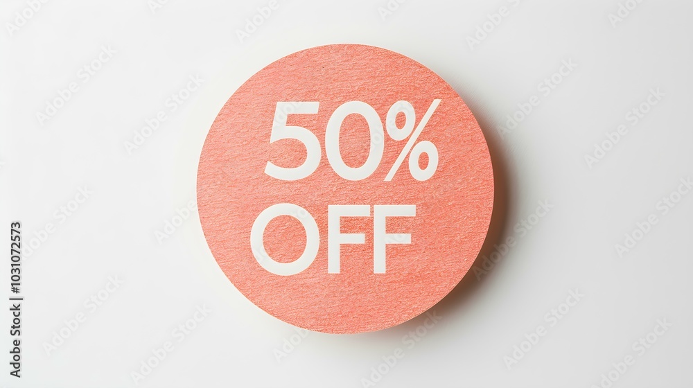 White '50% OFF' Text on a Peach Fuzz Round Paper Note. White Background with Copy Space White '50% OFF' Text on a Peach Fuzz Round Paper Note. White Background with Copy Space