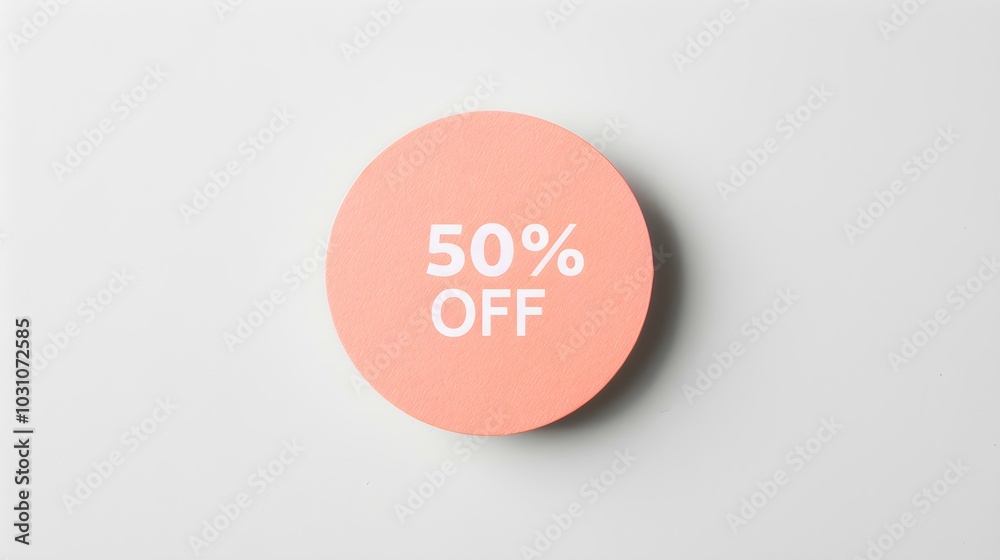 White '50% OFF' Text on a Peach Fuzz Round Paper Note. White Background with Copy Space White '50% OFF' Text on a Peach Fuzz Round Paper Note. White Background with Copy Space