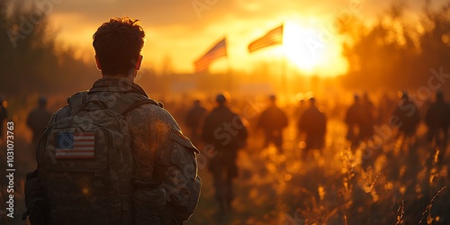 A soldier walks towards the sunset with fellow soldiers.