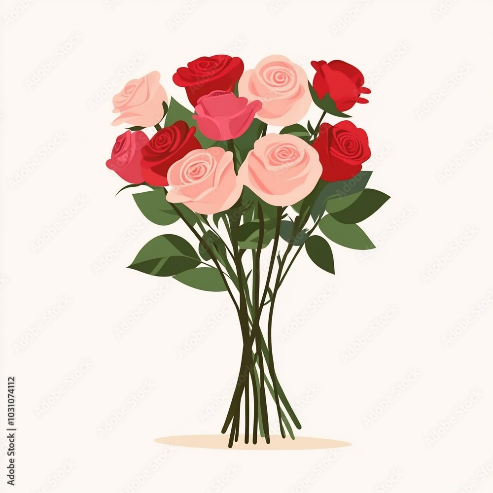 A bouquet of pink and red roses with green leaves on a white background. A bouquet of pink and red roses with green leaves on a white background.