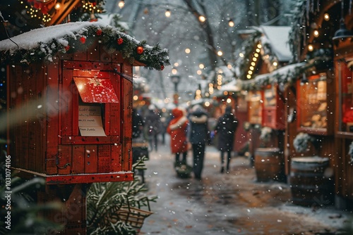 The bustling winter market is adorned with colorful lights and decorated stalls while snow gently falls. Visitors dressed warmly stroll through the festive atmosphere, enjoying holiday cheer.