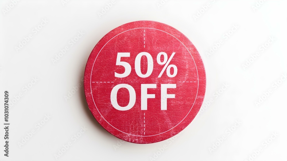 White '50% OFF' Text on a Red Round Paper Note. White Background with Copy Space White '50% OFF' Text on a Red Round Paper Note. White Background with Copy Space