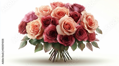 A bouquet of pink and red roses on a white background.