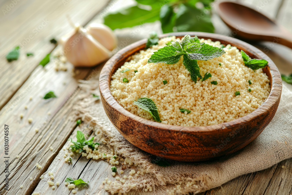Couscous for a healthy diet on wooden background. Couscous for a healthy diet on wooden background.