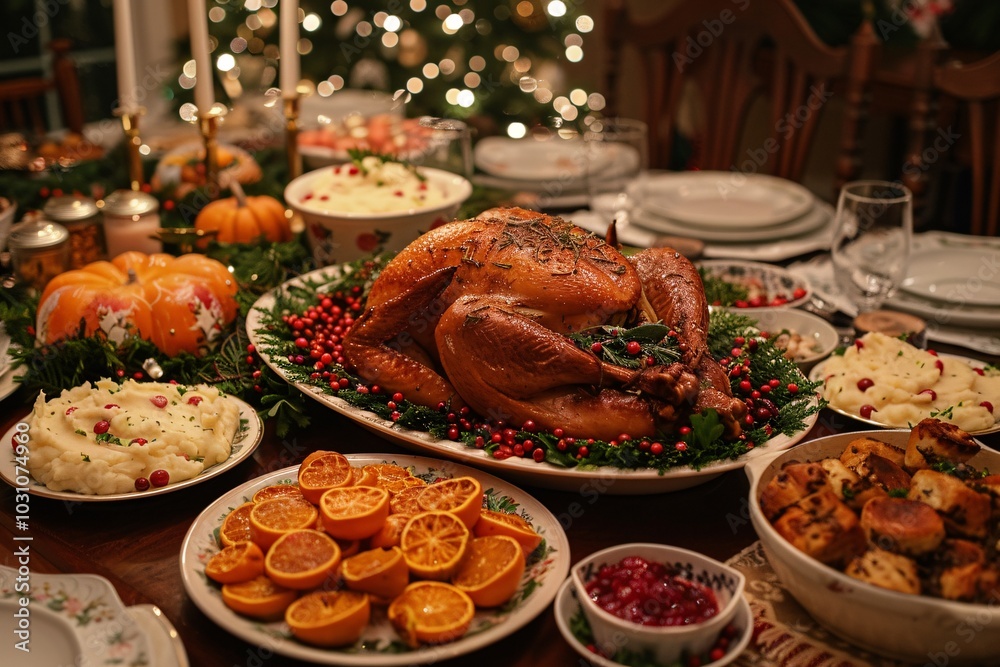 A festive dining table awaits a holiday celebration, showcasing a golden-brown turkey, tasty sides, seasonal decor, and twinkling lights in the backdrop. A festive dining table awaits a holiday celebration, showcasing a golden-brown turkey, tasty sides, seasonal decor, and twinkling lights in the backdrop.