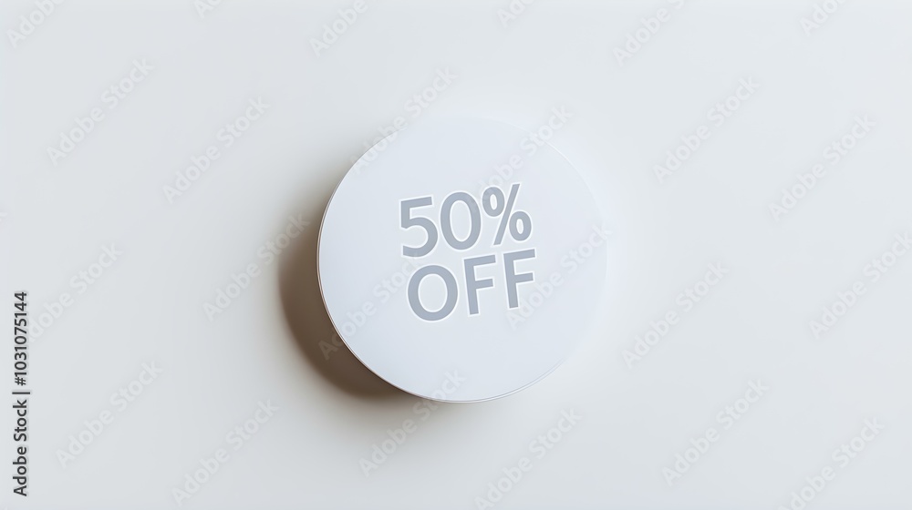 White '50% OFF' Text on a White Round Paper Note. White Background with Copy Space White '50% OFF' Text on a White Round Paper Note. White Background with Copy Space