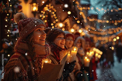 A group of cheerful carolers stands in a snowy village, holding candles and singing together. The atmosphere is festive, adorned with sparkling lights and a gentle snowfall.