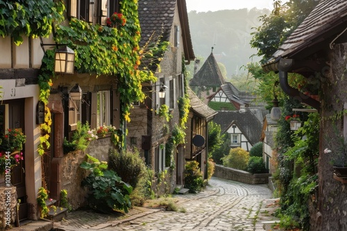 A charming cobblestone pathway through a lush, medieval village with timber-framed houses and blooming vines, capturing the essence of tranquility in a serene landscape