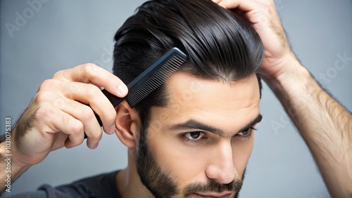 man combing his hair hairstyle black background 