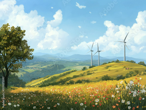 Eco-Friendly Landscape: Wind Turbines on a Verdant Hill