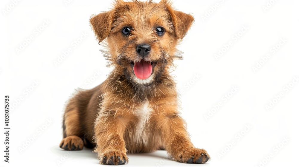 Welsh puppy giving a playful wink and panting, seated on a pristine white backdrop Welsh puppy giving a playful wink and panting, seated on a pristine white backdrop