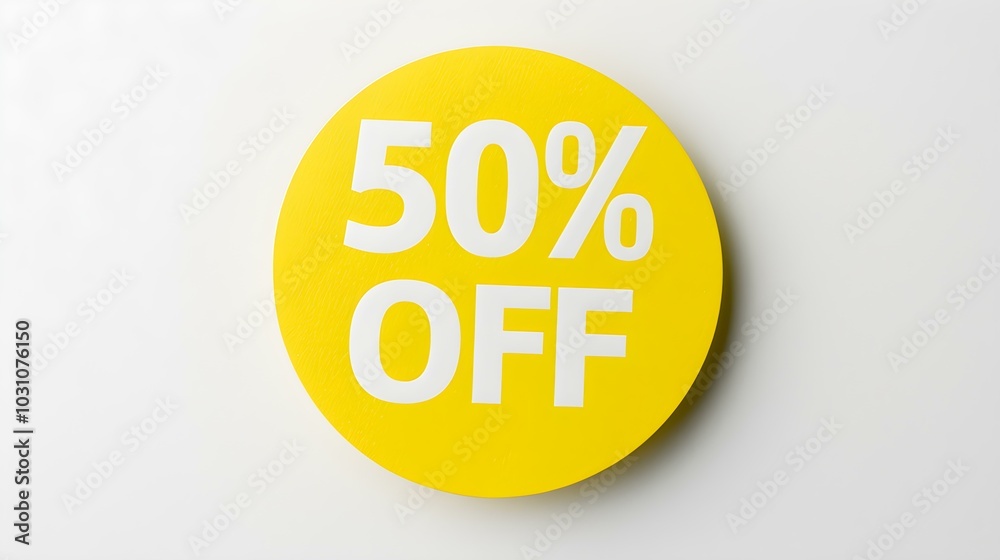 White '50% OFF' Text on a Yellow Round Paper Note. White Background with Copy Space White '50% OFF' Text on a Yellow Round Paper Note. White Background with Copy Space