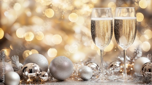 Elegant luxury New Year\'s Eve party setup featuring champagne glasses and festive decorations sparkling under warm lights