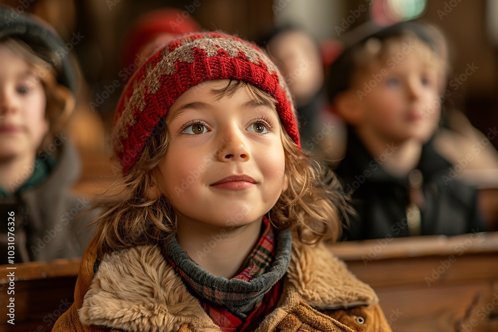 A young boy sits attentively in a cozy classroom surrounded by peers. He wears a red knitted hat and a warm coat, showcasing a sense of curiosity and wonder as he engages with the lesson. A young boy sits attentively in a cozy classroom surrounded by peers. He wears a red knitted hat and a warm coat, showcasing a sense of curiosity and wonder as he engages with the lesson.