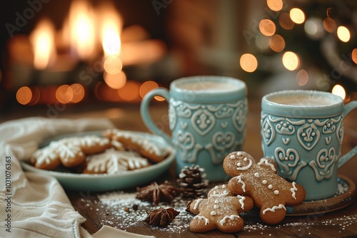 Wallpaper Mural Gingerbread cookies in festive shapes and warm drinks are arranged on a table beside a glowing fireplace, creating a cozy holiday atmosphere filled with comfort and joy. Torontodigital.ca