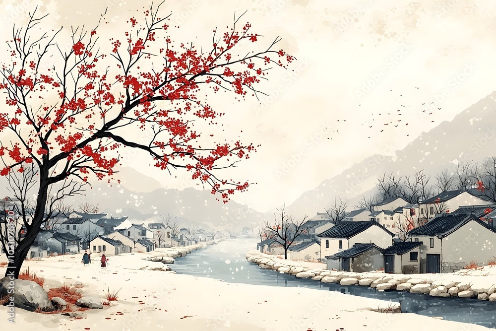 A peaceful winter scene in a small village with snow-covered ground, a winding river, and a lone, red-flowering tree in the foreground. A peaceful winter scene in a small village with snow-covered ground, a winding river, and a lone, red-flowering tree in the foreground.