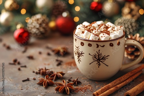 A warm mug of hot chocolate adorned with fluffy marshmallows sits on a rustic table surrounded by holiday decorations and spices, evoking a festive winter atmosphere.