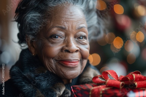 An elderly woman with a radiant smile holds a decorated gift, surrounded by a festive atmosphere during a holiday celebration. The cheerful ambiance enhances her joyful expression. photo