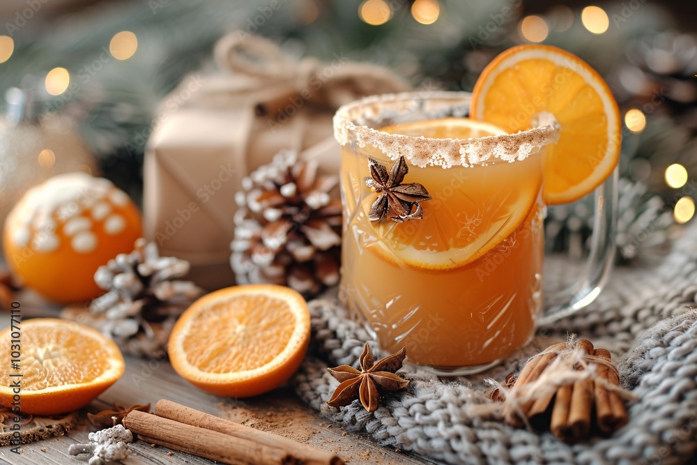 A glass filled with a spiced drink showcases orange slices and star anise, surrounded by festive decor like pinecones and wrapped gifts, creating a warm winter atmosphere. A glass filled with a spiced drink showcases orange slices and star anise, surrounded by festive decor like pinecones and wrapped gifts, creating a warm winter atmosphere.
