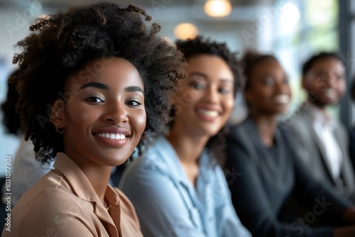 diverse group of smiling young businesspeople listening to a businesswoman giving a presentation in a modern office setting.