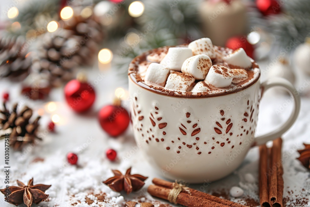 A warm cup of hot chocolate with marshmallows sits on a table decorated with pine cones, red ornaments, and twinkling lights, creating a cozy winter vibe. A warm cup of hot chocolate with marshmallows sits on a table decorated with pine cones, red ornaments, and twinkling lights, creating a cozy winter vibe.