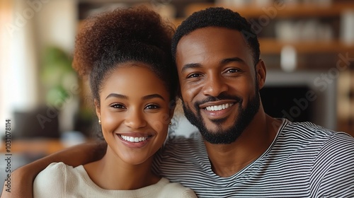 A young African American couple smiling at the camera, the woman is wearing a white shirt and the man is wearing a striped shirt, they are sitting in a living room.