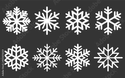 Snowflake icon set featuring various winter ice crystals. Ideal for Christmas and seasonal designs.