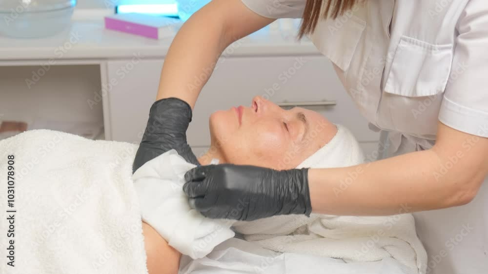 An elderly woman undergoing a skin care procedure with a professional cosmetologist.