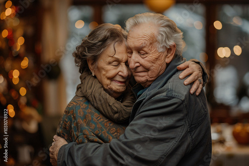 An elderly couple shares a tender moment, embracing each other with closed eyes, surrounded by soft lights and festive decorations, creating a warm, loving atmosphere that radiates joy