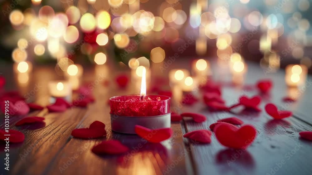 A Romantic Setting with a Lit Candle and Rose Petals on a Wooden Table A Romantic Setting with a Lit Candle and Rose Petals on a Wooden Table