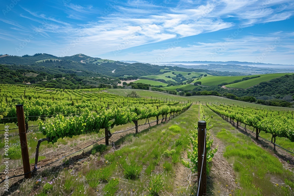 Naklejka premium Vast green vineyards stretch across rolling hills under a dramatic sky in Tuscany during late afternoon, capturing the beauty of the Italian countryside