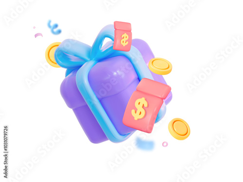 Purple gift box with a blue bow, coins, and a coupons