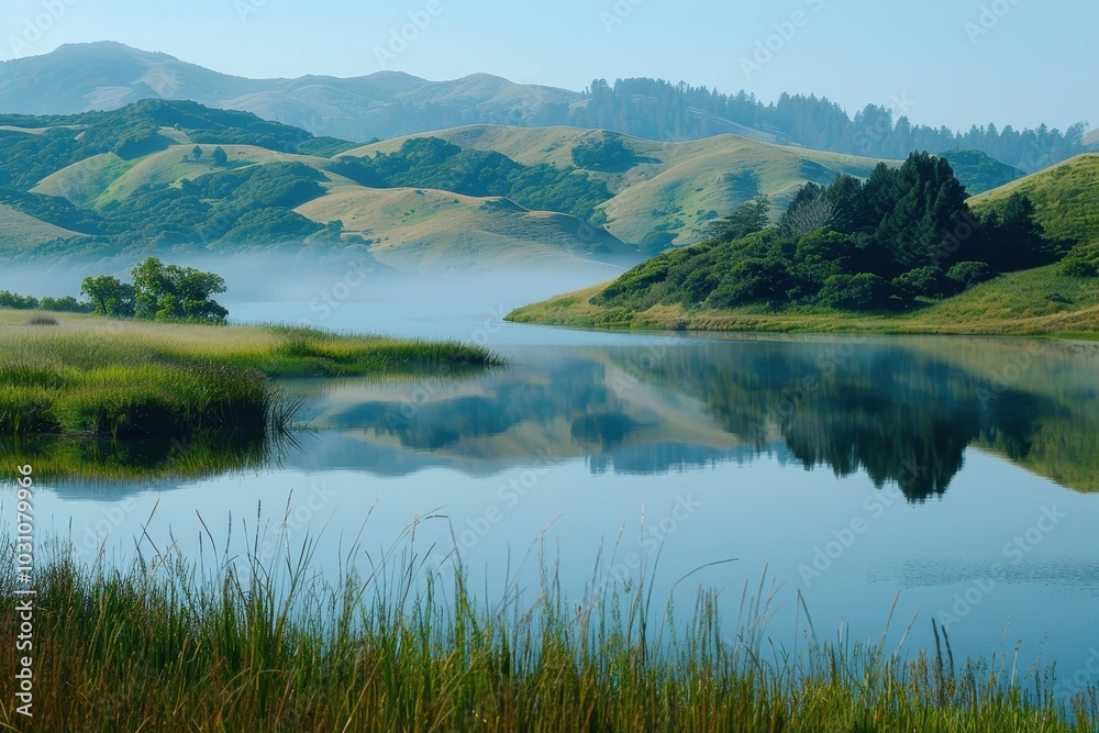 A serene landscape featuring a calm lake reflecting blue skies and rolling green hills under fluffy clouds in a tranquil countryside setting during daytime A serene landscape featuring a calm lake reflecting blue skies and rolling green hills under fluffy clouds in a tranquil countryside setting during daytime