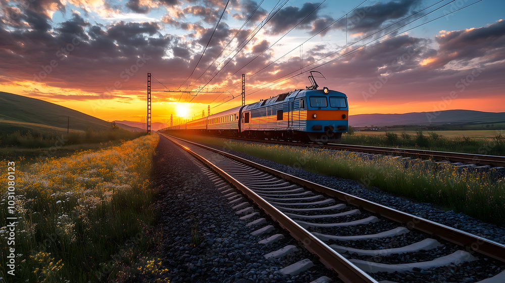 Train at Sunset on Railroad Tracks
Train at Sunset on Railroad Tracks