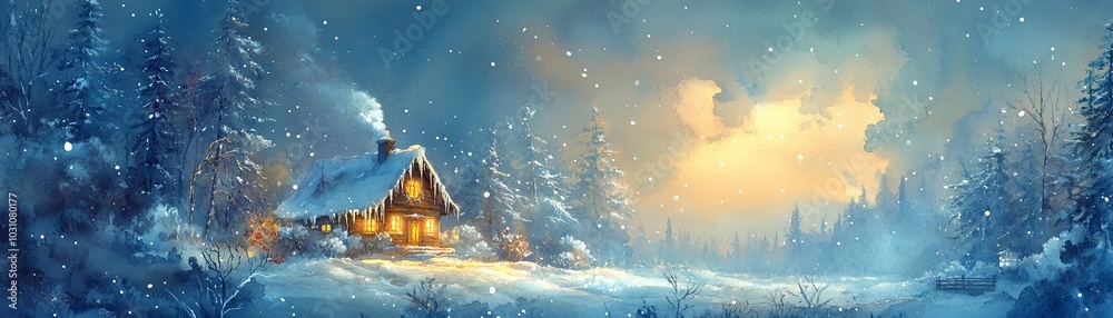 Cozy Christmas Cabin in Snowy Landscape