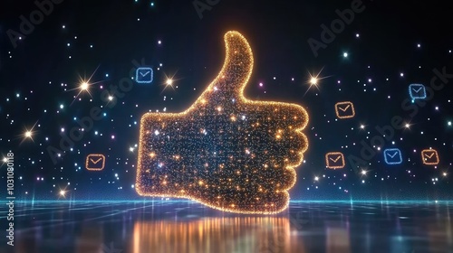 Atractivo icono de pulgar hacia arriba rodeado de luces brillantes e iconos de compartir brillantes



 photo