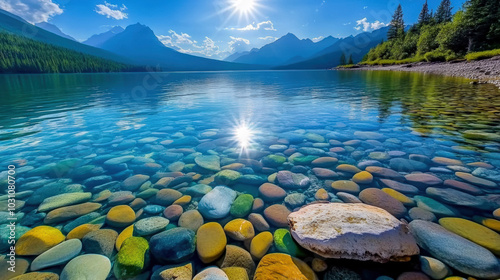 Landscape of MacDonald Lake in Glacier National Park, Montana: vibrant colors, bright sunlight, and blue sky, perfect for professional magazine landscapes.