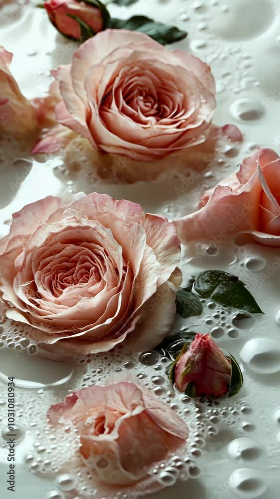 Pink roses floating in soapy water Pink roses floating in soapy water