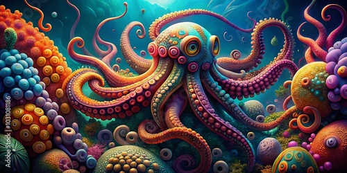 Vibrant Tentacles Illustration Featuring Colorful Marine Life and Intricate Patterns for Artistic and Educational Use