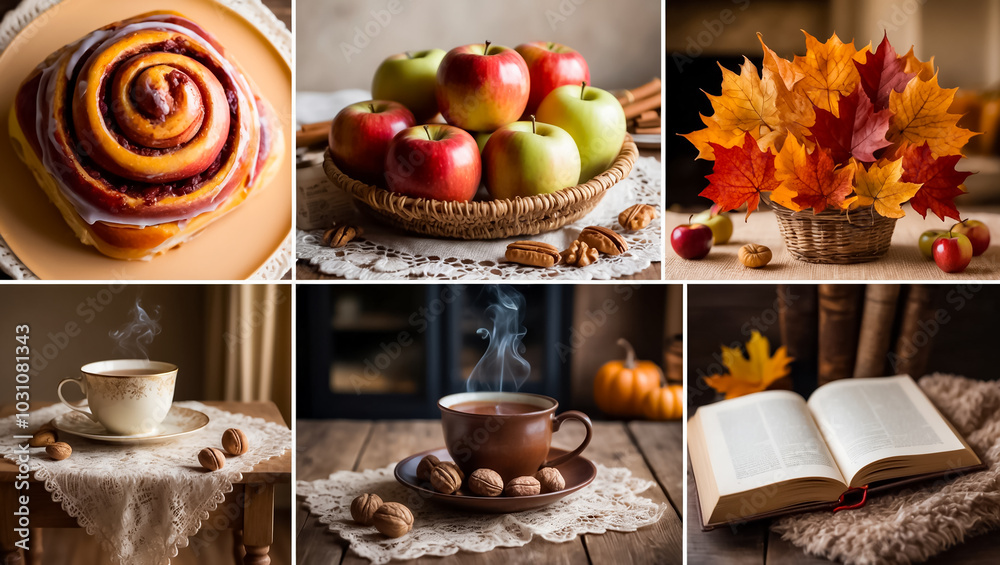 photo collage on autumn theme - cinnamon bun, apple, autumn leaves
