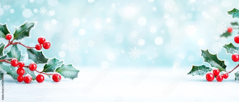 Frosted Holly Leaves with Red Berries on Snowy Background Frosted Holly Leaves with Red Berries on Snowy Background