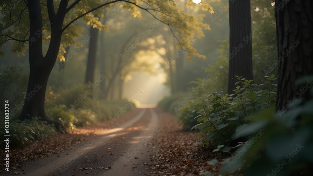 Obraz premium Misty forest road at dawn.