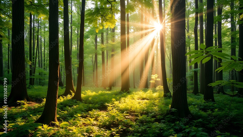 Obraz premium Sunlight Through Trees in Lush Green Forest