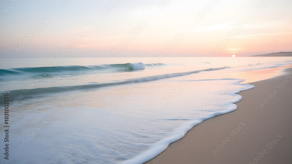 Serene Beach Morning with Gentle Waves at Sunrise Serene Beach Morning with Gentle Waves at Sunrise