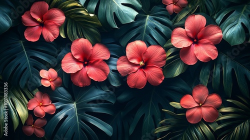 A vibrant display of red hibiscus flowers blooming amongst lush green tropical leaves.