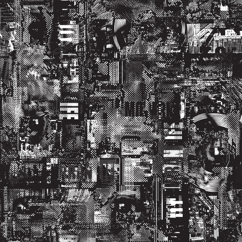 Abstract seamless pattern with newspaper headlines, concerned human eyes, urban landscapes. Chaotic vector background on the theme of city life in retro style. Wallpaper, wrapping paper, fabric design