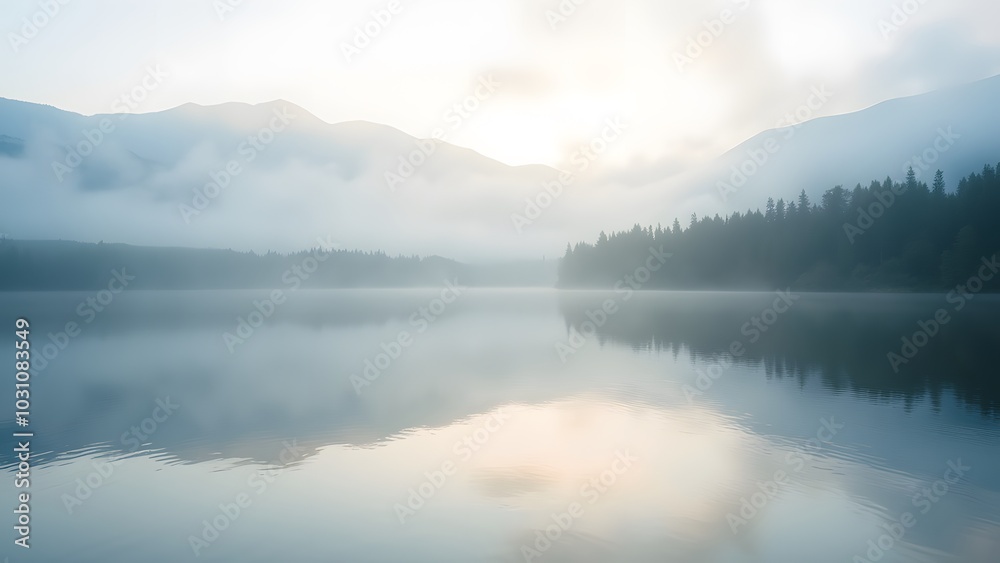Serene Water Reflection Amidst Misty Mountains Serene Water Reflection Amidst Misty Mountains