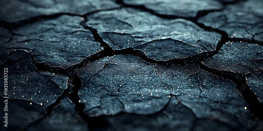 Close-up of a cracked and textured surface, with a dark blue hue and a subtle shimmer. Close-up of a cracked and textured surface, with a dark blue hue and a subtle shimmer.